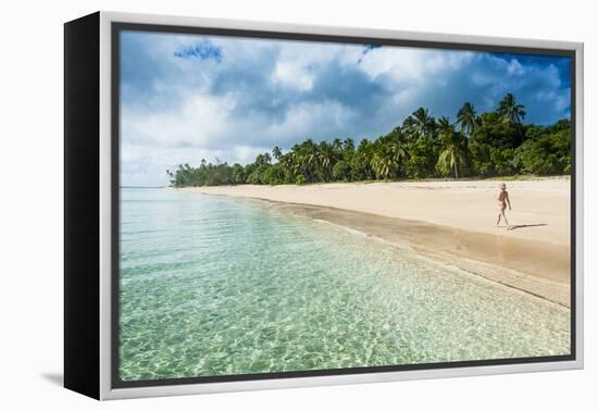 Woman Walking on a Palm Fringed White Sand Beach in Ha'Apai Islands, Tonga, South Pacific-Michael Runkel-Framed Premier Image Canvas