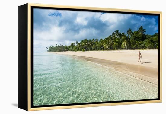 Woman Walking on a Palm Fringed White Sand Beach in Ha'Apai Islands, Tonga, South Pacific-Michael Runkel-Framed Premier Image Canvas