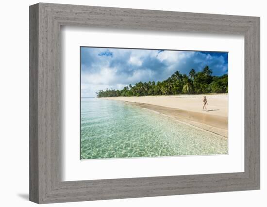 Woman Walking on a Palm Fringed White Sand Beach in Ha'Apai Islands, Tonga, South Pacific-Michael Runkel-Framed Photographic Print