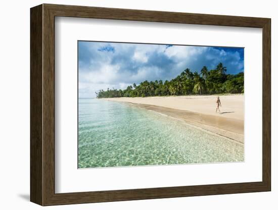 Woman Walking on a Palm Fringed White Sand Beach in Ha'Apai Islands, Tonga, South Pacific-Michael Runkel-Framed Photographic Print