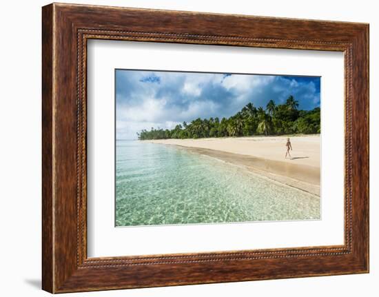 Woman Walking on a Palm Fringed White Sand Beach in Ha'Apai Islands, Tonga, South Pacific-Michael Runkel-Framed Photographic Print