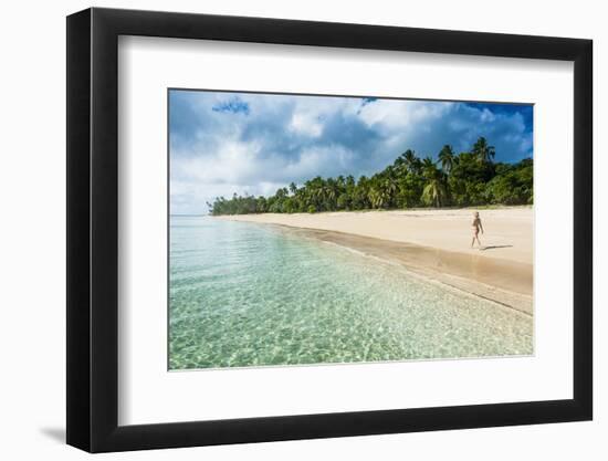 Woman Walking on a Palm Fringed White Sand Beach in Ha'Apai Islands, Tonga, South Pacific-Michael Runkel-Framed Photographic Print