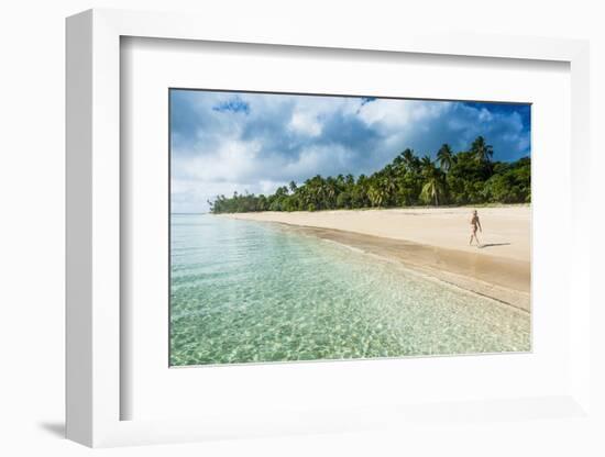 Woman Walking on a Palm Fringed White Sand Beach in Ha'Apai Islands, Tonga, South Pacific-Michael Runkel-Framed Photographic Print