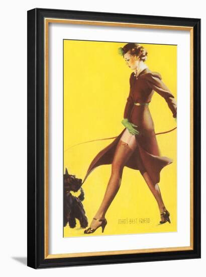 Woman Walking Scotty Dog-null-Framed Art Print