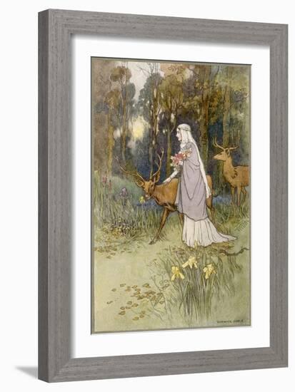 Woman Walking Through the Woods with a Timid Dun Deer-Warwick Goble-Framed Art Print