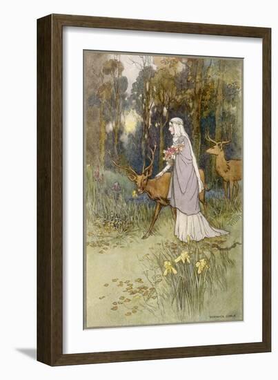 Woman Walking Through the Woods with a Timid Dun Deer-Warwick Goble-Framed Art Print