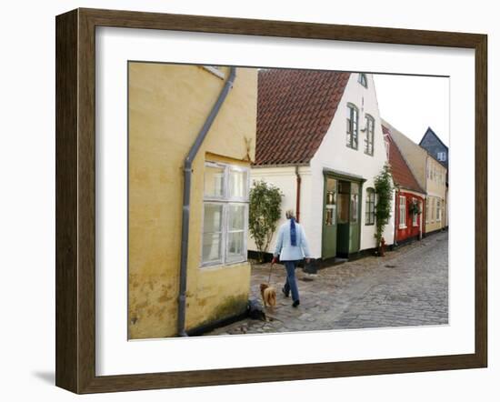 Woman Walking with a Dog in Ribe Historic Center, Ribe, Jutland, Denmark, Scandinavia, Europe-Yadid Levy-Framed Photographic Print