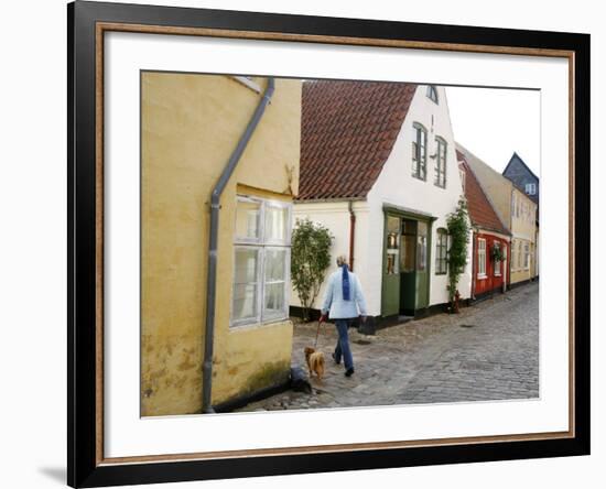 Woman Walking with a Dog in Ribe Historic Center, Ribe, Jutland, Denmark, Scandinavia, Europe-Yadid Levy-Framed Photographic Print