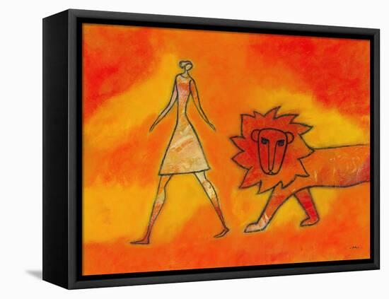 Woman Walking with a Lion-Marie Bertrand-Framed Premier Image Canvas
