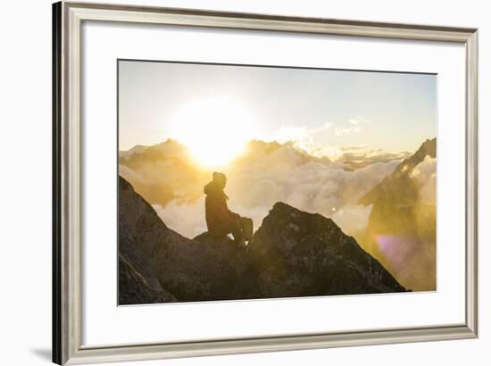 Woman Watches The Sunrise On Top Of A Mountain In North Cascade National Park In Washington-Hannah Dewey-Framed Photographic Print