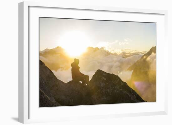 Woman Watches The Sunrise On Top Of A Mountain In North Cascade National Park In Washington-Hannah Dewey-Framed Photographic Print