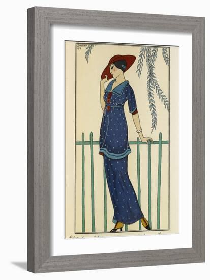 Woman wearing a beach dress and a raw silk scarf and a red hat-Georges Barbier-Framed Giclee Print