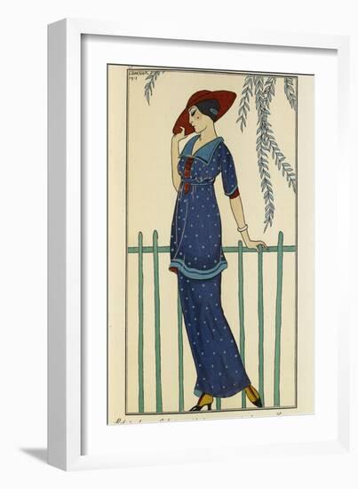 Woman wearing a beach dress and a raw silk scarf and a red hat-Georges Barbier-Framed Giclee Print