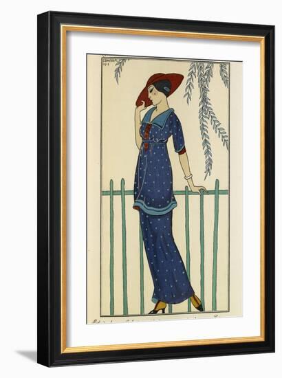 Woman wearing a beach dress and a raw silk scarf and a red hat-Georges Barbier-Framed Giclee Print