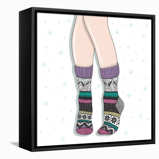 Woman Wearing A Pair Of Wool Socks. Cute Winter Background-cherry blossom girl-Framed Stretched Canvas