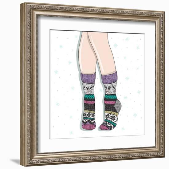 Woman Wearing A Pair Of Wool Socks. Cute Winter Background-cherry blossom girl-Framed Art Print