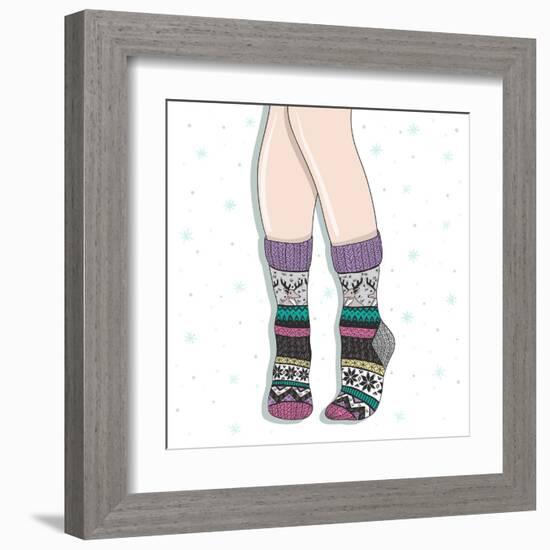 Woman Wearing A Pair Of Wool Socks. Cute Winter Background-cherry blossom girl-Framed Art Print