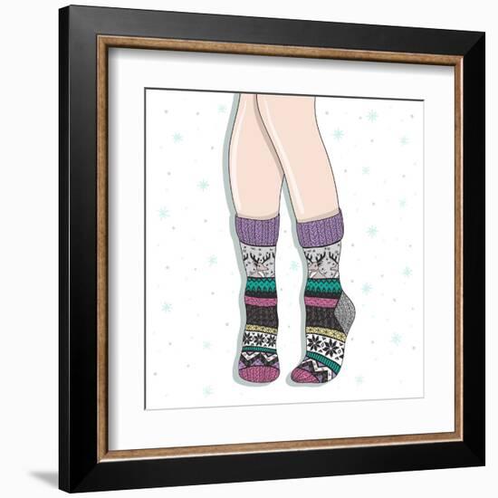 Woman Wearing A Pair Of Wool Socks. Cute Winter Background-cherry blossom girl-Framed Art Print