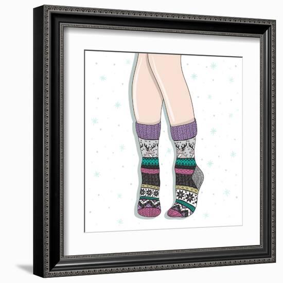 Woman Wearing A Pair Of Wool Socks. Cute Winter Background-cherry blossom girl-Framed Art Print