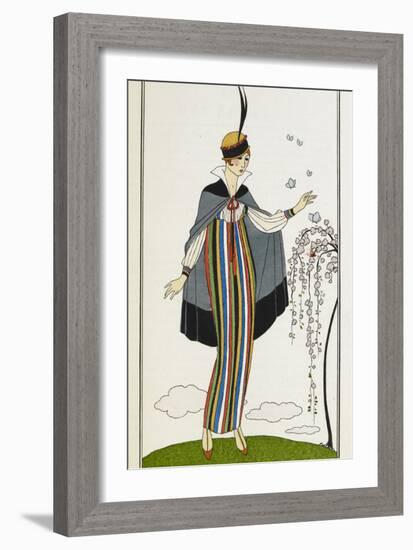 Woman wearing a small velvet cloak, with a striped linen dress-Georges Barbier-Framed Giclee Print