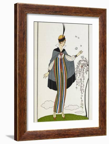 Woman wearing a small velvet cloak, with a striped linen dress-Georges Barbier-Framed Giclee Print