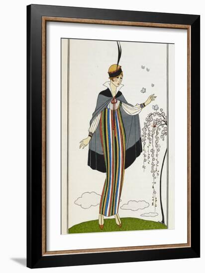 Woman wearing a small velvet cloak, with a striped linen dress-Georges Barbier-Framed Giclee Print