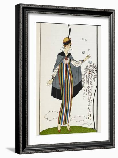 Woman wearing a small velvet cloak, with a striped linen dress-Georges Barbier-Framed Giclee Print
