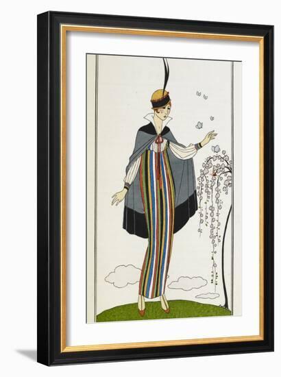 Woman wearing a small velvet cloak, with a striped linen dress-Georges Barbier-Framed Giclee Print