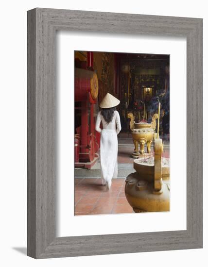 Woman Wearing Ao Dai Dress at Ha Chuong Hoi Quan Pagoda, Cholon, Ho Chi Minh City, Vietnam-Ian Trower-Framed Photographic Print