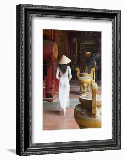 Woman Wearing Ao Dai Dress at Ha Chuong Hoi Quan Pagoda, Cholon, Ho Chi Minh City, Vietnam-Ian Trower-Framed Photographic Print