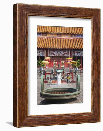 Woman Wearing Ao Dai Dress at Mieu Temple Inside Citadel, Hue, Thua Thien-Hue, Vietnam, Indochina-Ian Trower-Framed Photographic Print