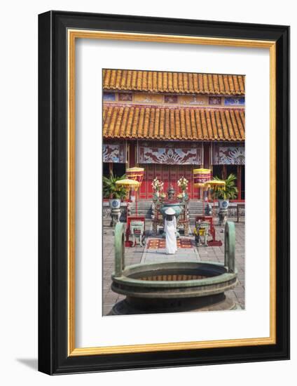 Woman Wearing Ao Dai Dress at Mieu Temple Inside Citadel, Hue, Thua Thien-Hue, Vietnam, Indochina-Ian Trower-Framed Photographic Print