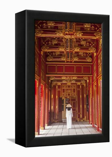 Woman Wearing Ao Dai Dress in Imperial Palace Inside Citadel, Hue, Thua Thien-Hue, Vietnam (Mr)-Ian Trower-Framed Premier Image Canvas
