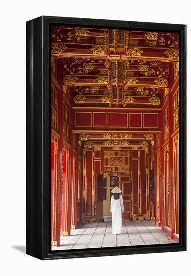 Woman Wearing Ao Dai Dress in Imperial Palace Inside Citadel, Hue, Thua Thien-Hue, Vietnam (Mr)-Ian Trower-Framed Premier Image Canvas