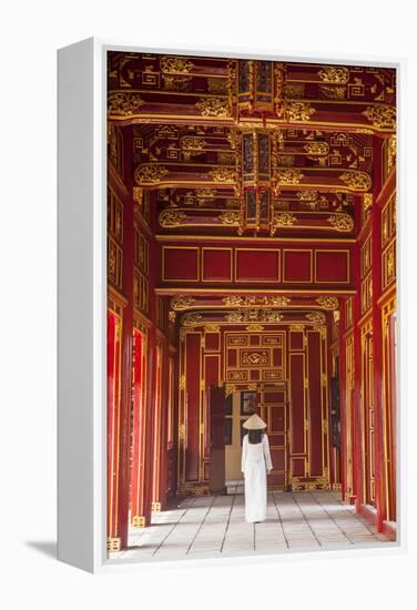 Woman Wearing Ao Dai Dress in Imperial Palace Inside Citadel, Hue, Thua Thien-Hue, Vietnam (Mr)-Ian Trower-Framed Premier Image Canvas