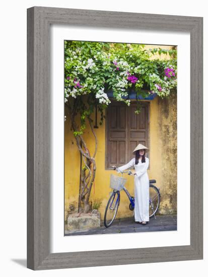 Woman Wearing Ao Dai Dress with Bicycle, Hoi An, Quang Ham, Vietnam-Ian Trower-Framed Photographic Print