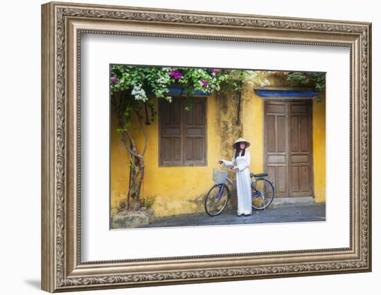 Woman Wearing Ao Dai Dress with Bicycle, Hoi An, Quang Ham, Vietnam-Ian Trower-Framed Photographic Print