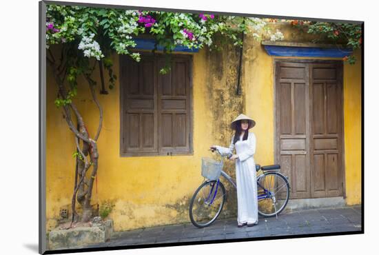 Woman Wearing Ao Dai Dress with Bicycle, Hoi An, Quang Ham, Vietnam-Ian Trower-Mounted Photographic Print