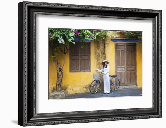 Woman Wearing Ao Dai Dress with Bicycle, Hoi An, Quang Ham, Vietnam-Ian Trower-Framed Photographic Print