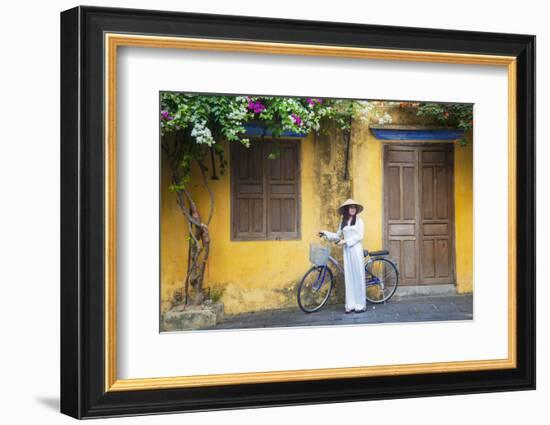 Woman Wearing Ao Dai Dress with Bicycle, Hoi An, Quang Ham, Vietnam-Ian Trower-Framed Photographic Print