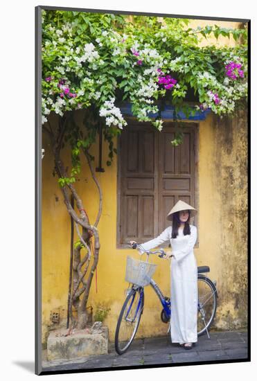Woman Wearing Ao Dai Dress with Bicycle, Hoi An, Quang Ham, Vietnam-Ian Trower-Mounted Photographic Print