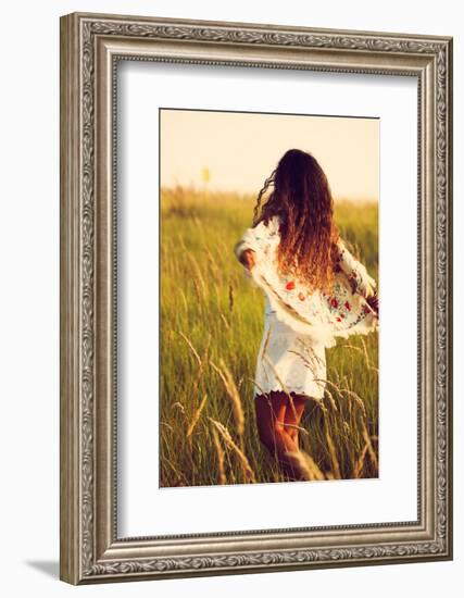 Woman Wearing Boho Style Clothes Run through the Grass, Hot Summer Day, Retro Colors, Motion Blur-coka-Framed Photographic Print