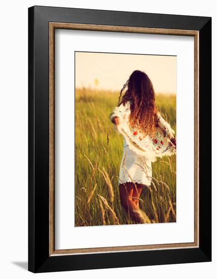 Woman Wearing Boho Style Clothes Run through the Grass, Hot Summer Day, Retro Colors, Motion Blur-coka-Framed Photographic Print