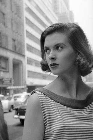 Woman Wearing Striped Shirt Modeling the Page Boy Hair Style on City Street, New York, NY, 1955' Photographic Print - Nina Leen Woman Wearing Striped Shirt Modeling the Page Boy Hair Style on City Street, New York, NY, 1955' Photographic Print - Nina Leen