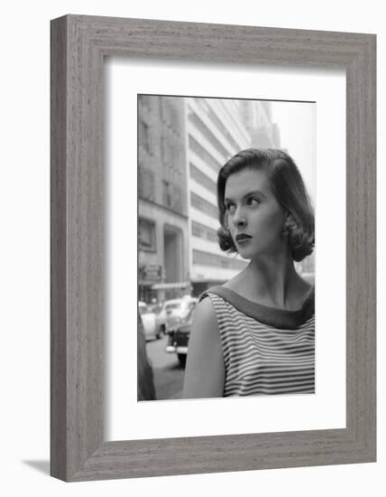 Woman Wearing Striped Shirt Modeling the Page Boy Hair Style on City Street, New York, NY, 1955-Nina Leen-Framed Photographic Print