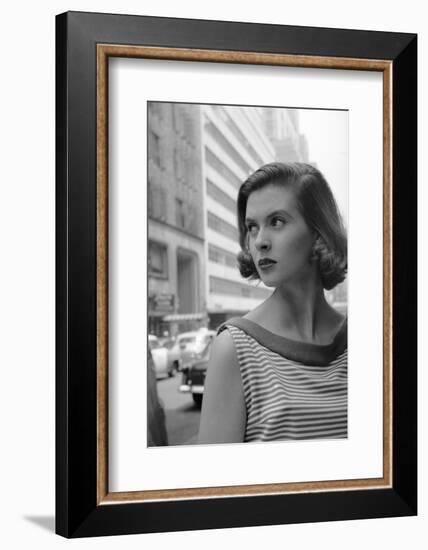 Woman Wearing Striped Shirt Modeling the Page Boy Hair Style on City Street, New York, NY, 1955-Nina Leen-Framed Photographic Print