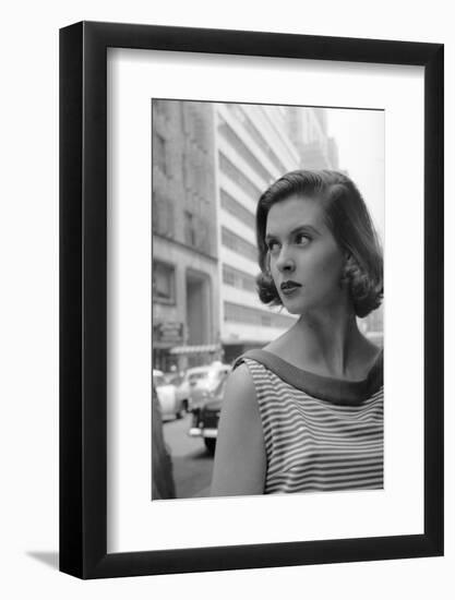 Woman Wearing Striped Shirt Modeling the Page Boy Hair Style on City Street, New York, NY, 1955-Nina Leen-Framed Photographic Print