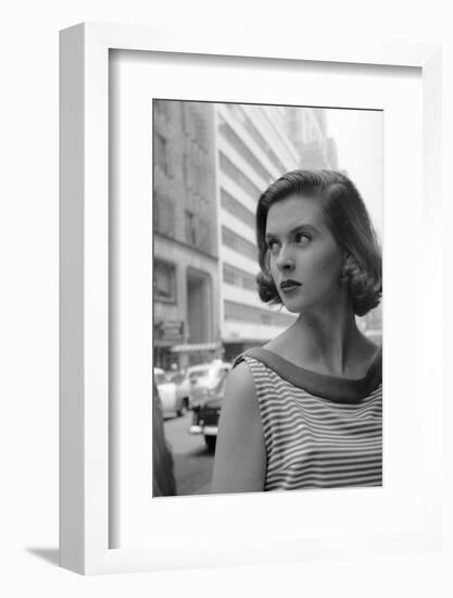 Woman Wearing Striped Shirt Modeling the Page Boy Hair Style on City Street, New York, NY, 1955-Nina Leen-Framed Photographic Print