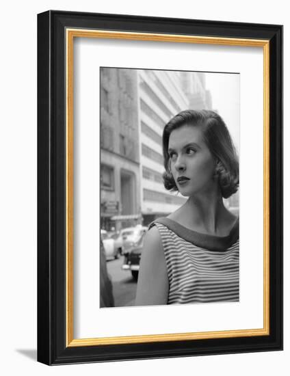 Woman Wearing Striped Shirt Modeling the Page Boy Hair Style on City Street, New York, NY, 1955-Nina Leen-Framed Photographic Print