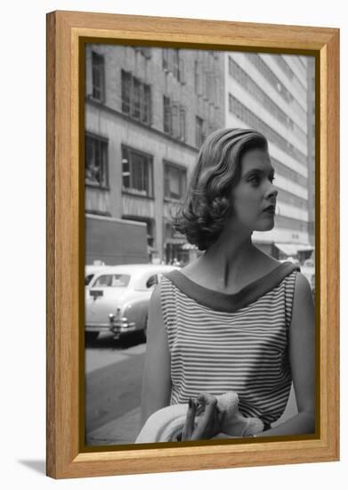 Woman Wearing Striped Shirt Modeling the Page Boy Hair Style on City Street, New York, NY, 1955-Nina Leen-Framed Premier Image Canvas